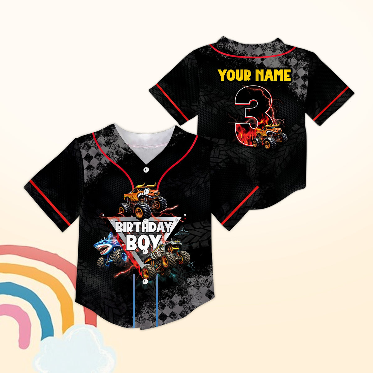 Close up front view of the personalized birthday monster trucks baseball jersey showing checkerboard and tire track accents