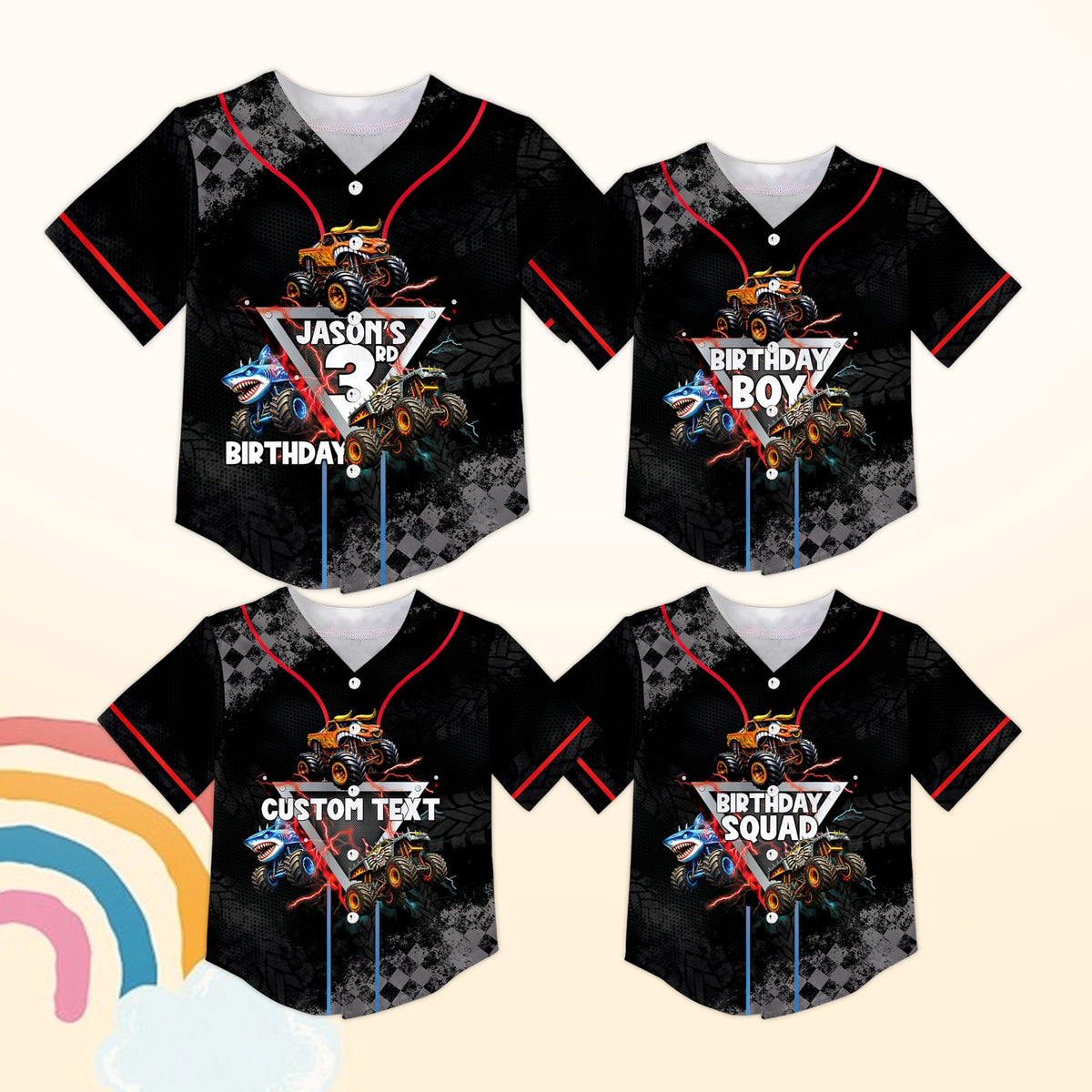 Angled front view of the custom baseball jersey featuring red lightning and monster truck graphics