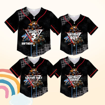 Angled front view of the custom baseball jersey featuring red lightning and monster truck graphics
