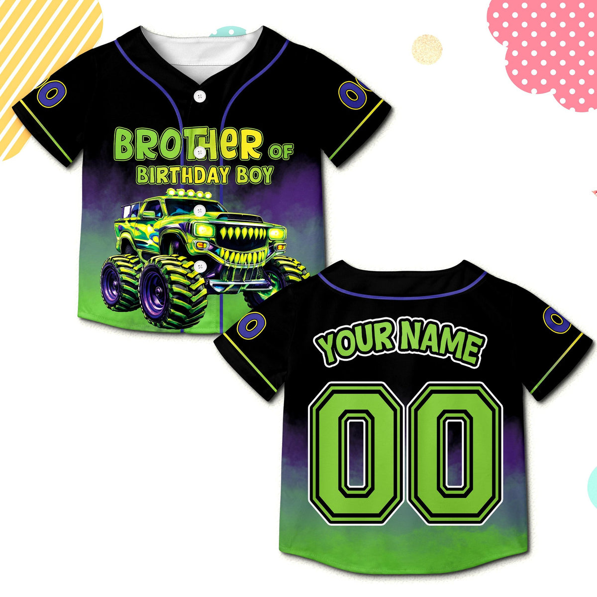 Front view of the custom birthday baseball jersey with neon green and purple monster truck design