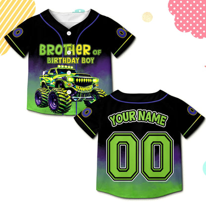 Front view of the custom birthday baseball jersey with neon green and purple monster truck design