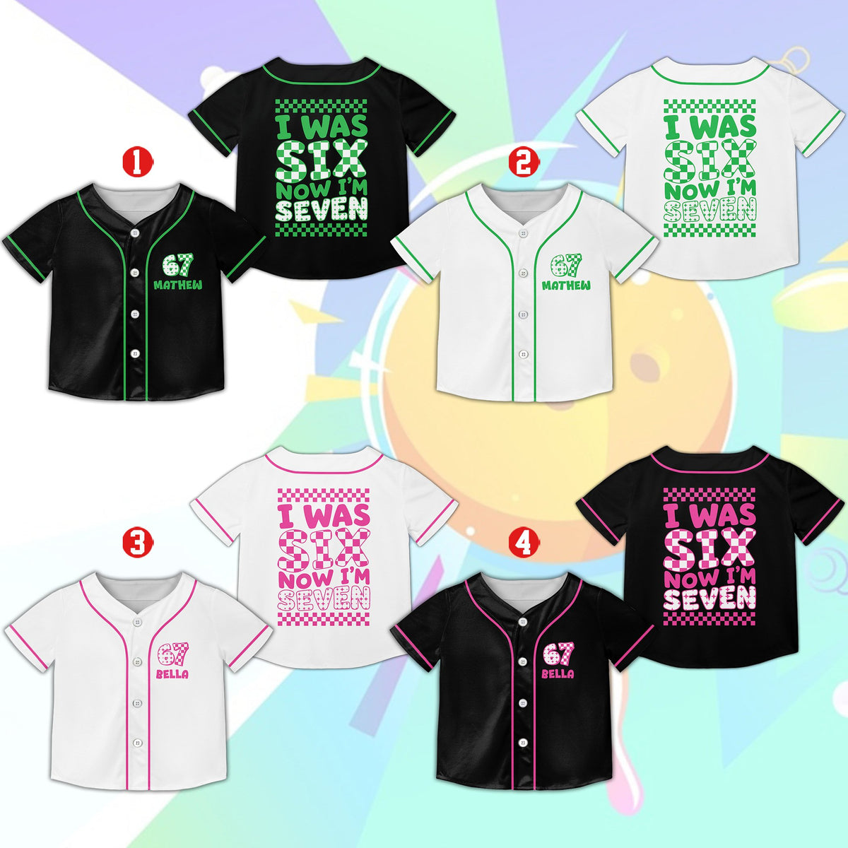Front view of the custom baseball jersey in multicolor for a seventh birthday.