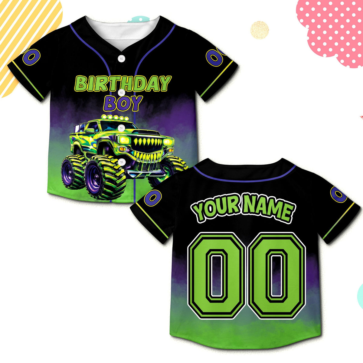 Another front view of the neon monster truck custom birthday baseball jersey