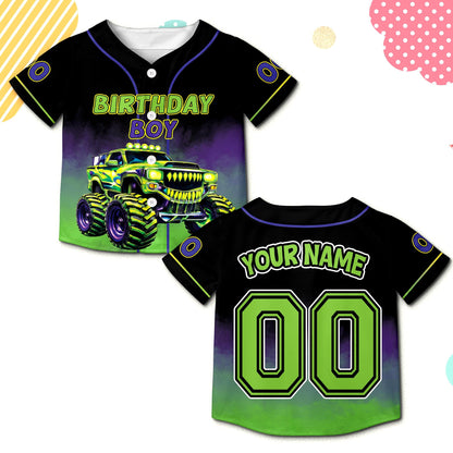Another front view of the neon monster truck custom birthday baseball jersey