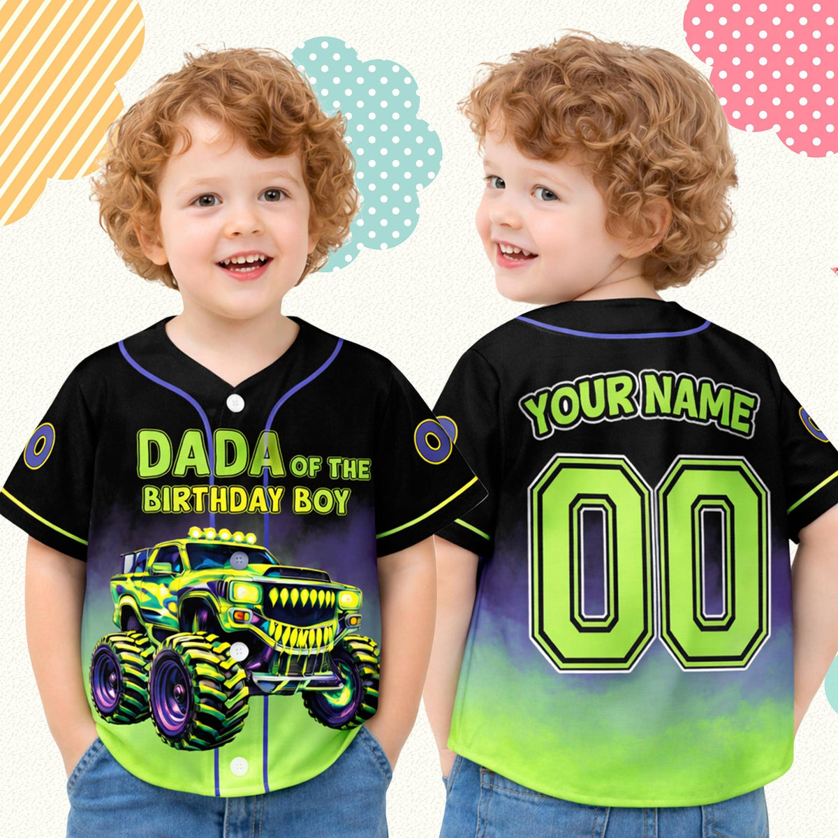 Alternate front view of the birthday baseball jersey with vivid neon colors