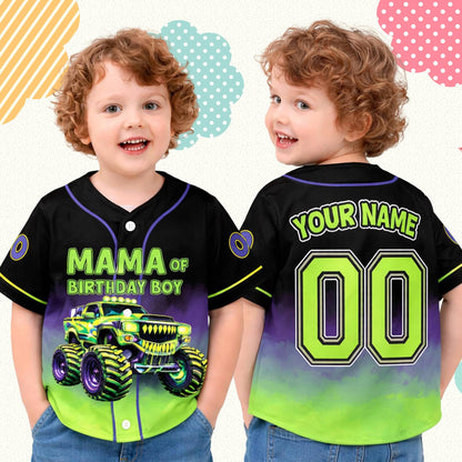 Personalized birthday baseball jersey showing the smoky purple and neon green fade
