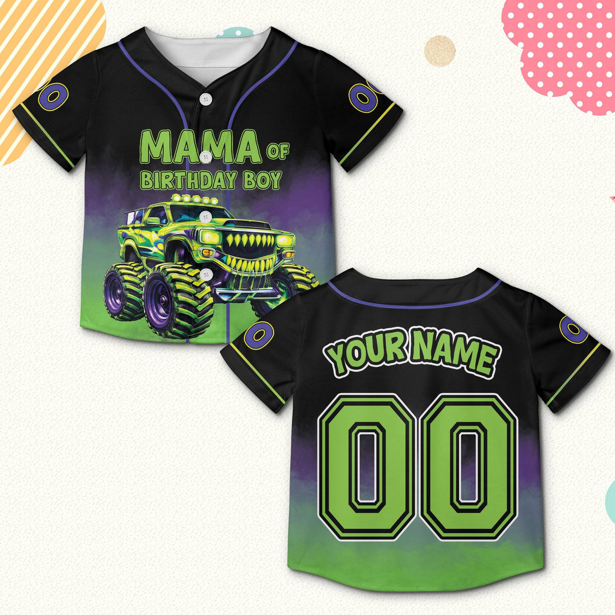 Front view showing the bright neon monster truck graphic on the birthday baseball jersey