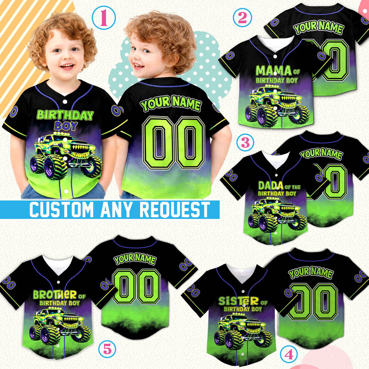 Full front view of the custom birthday baseball jersey in black, purple, and neon green