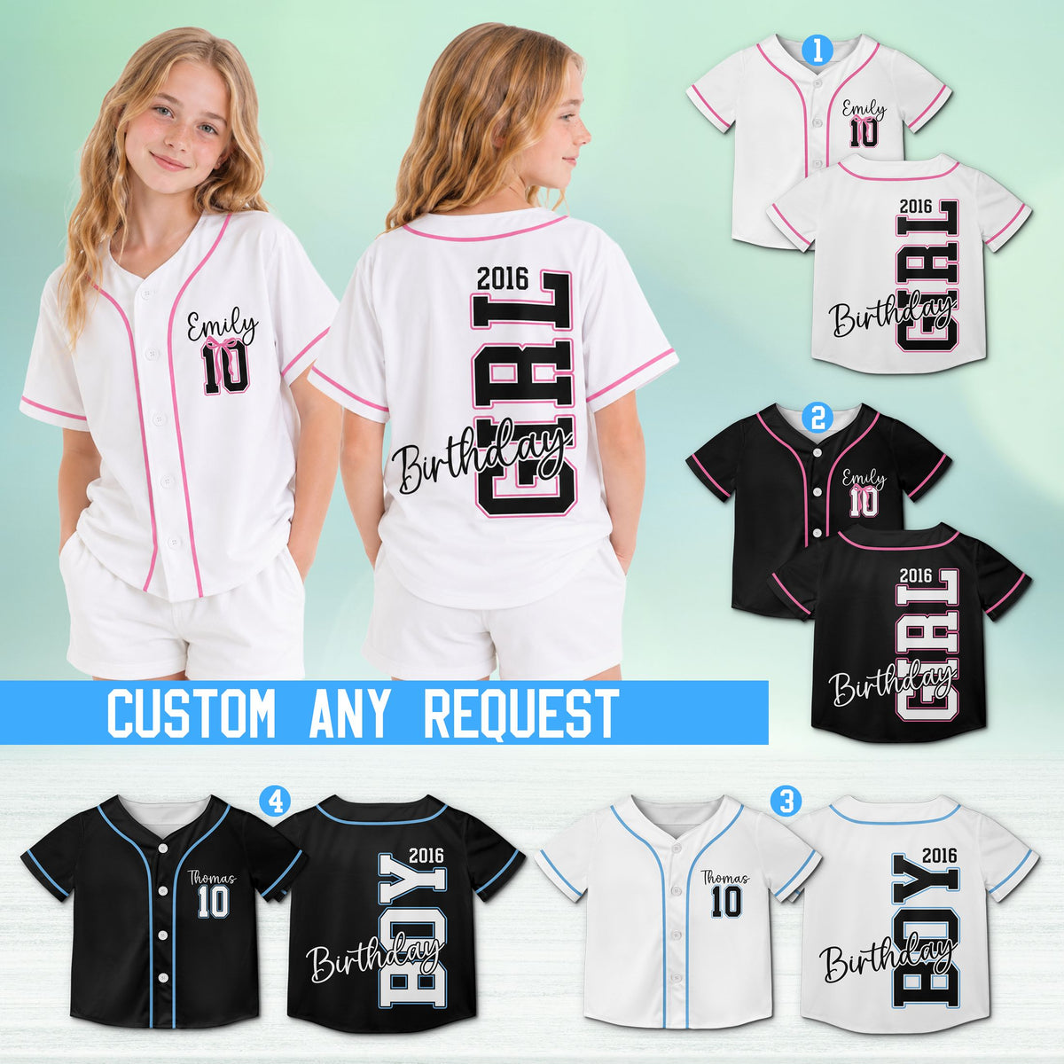 Lifestyle view of adults wearing personalized birthday baseball jerseys