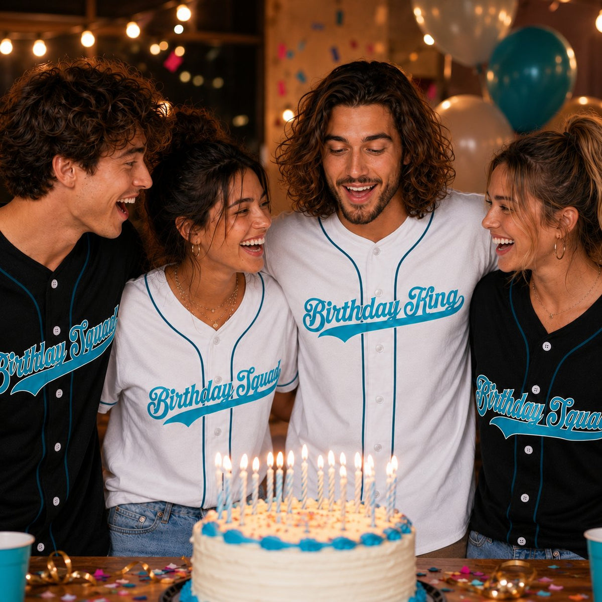 Another lifestyle view of an adult wearing the personalized birthday baseball jersey