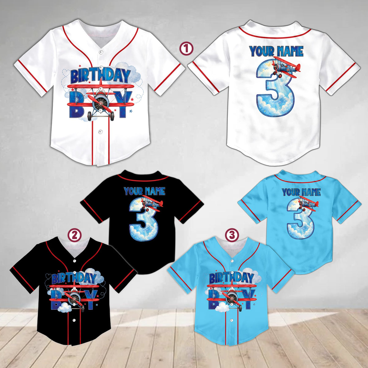 Multicolor view of personalized baseball jerseys for a birthday party
