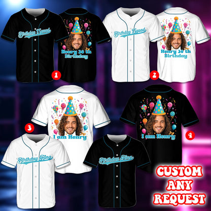 Detail view of the custom face and confetti design on the baseball birthday jersey