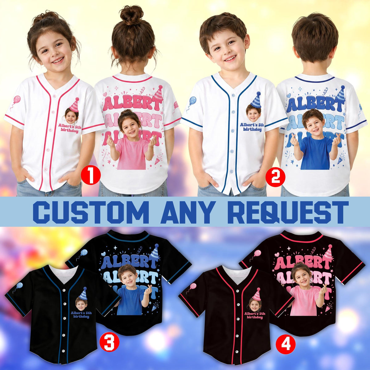Multicolor view of the personalized baseball birthday jersey showing festive design elements