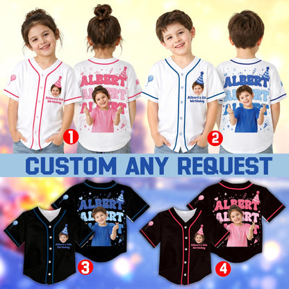 Multicolor view of the personalized baseball birthday jersey showing festive design elements