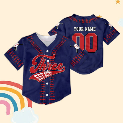 Navy blue birthday baseball jersey with front view of the red laces and Three EST. 2023 design