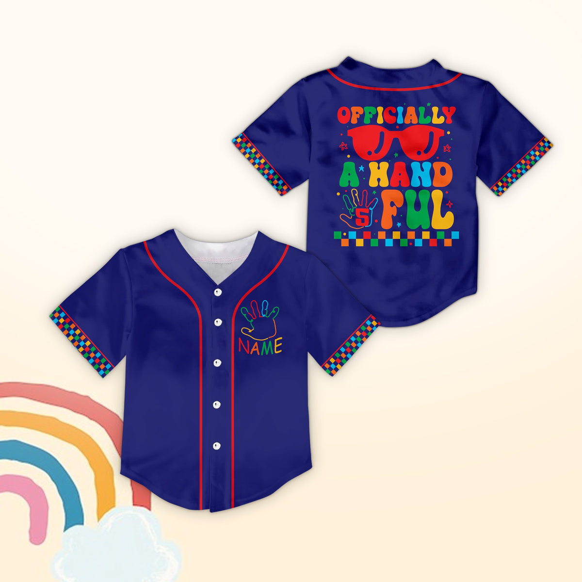 Navy blue kids personalized baseball jersey with colorful checkered trim, front view