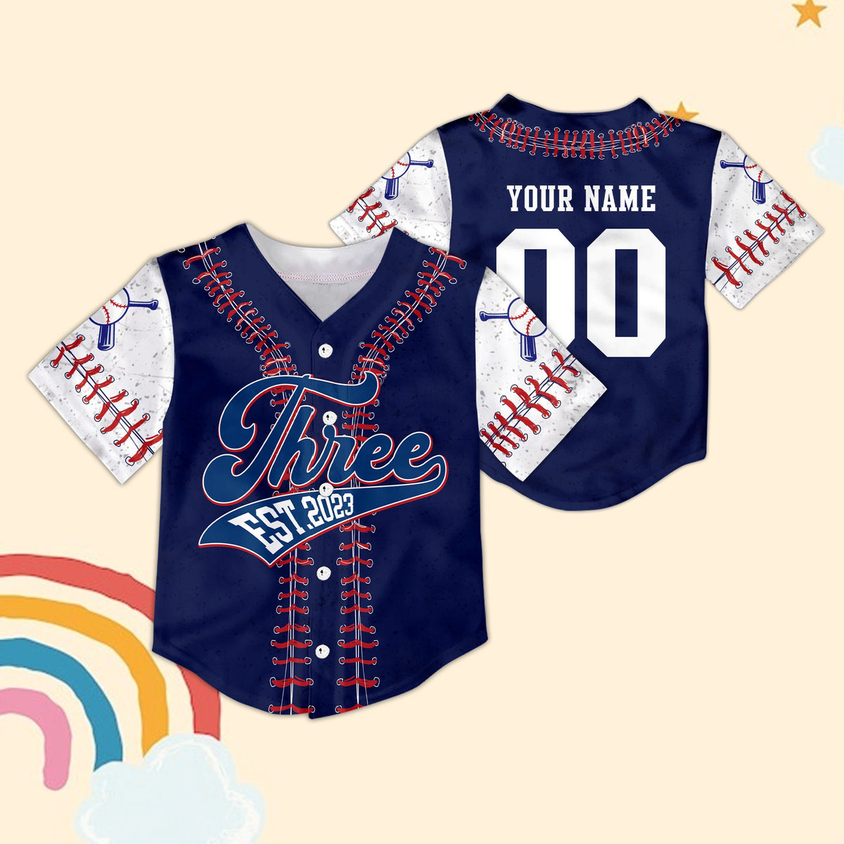 Navy blue personalized birthday baseball jersey front view