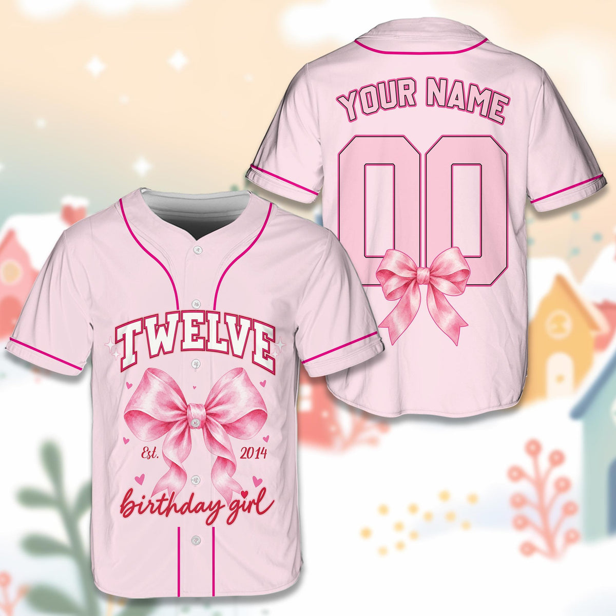 Black birthday baseball jersey with a large pink bow and the word TWELVE on the front
