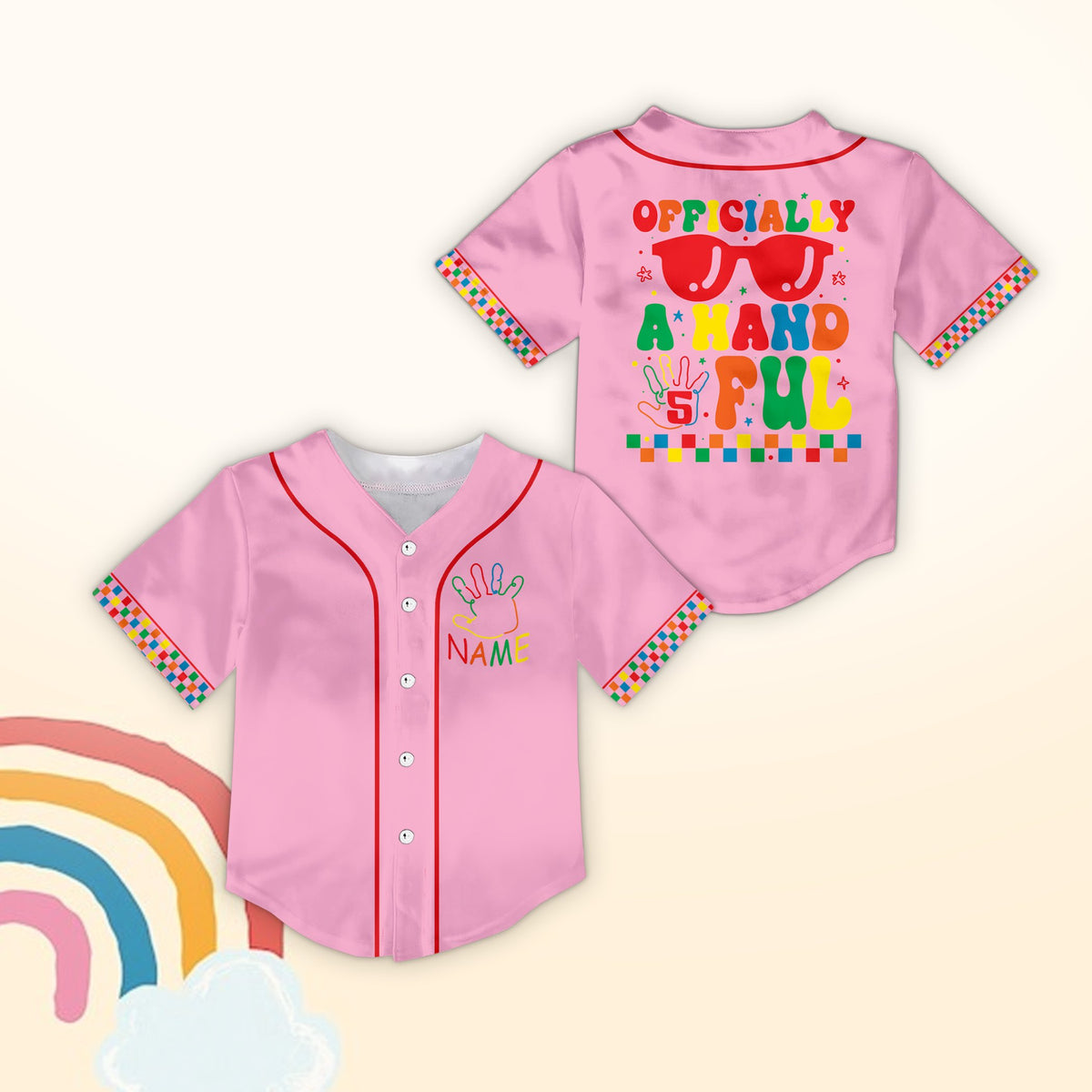 Pink custom name and number baseball jersey with handprint graphic, front view