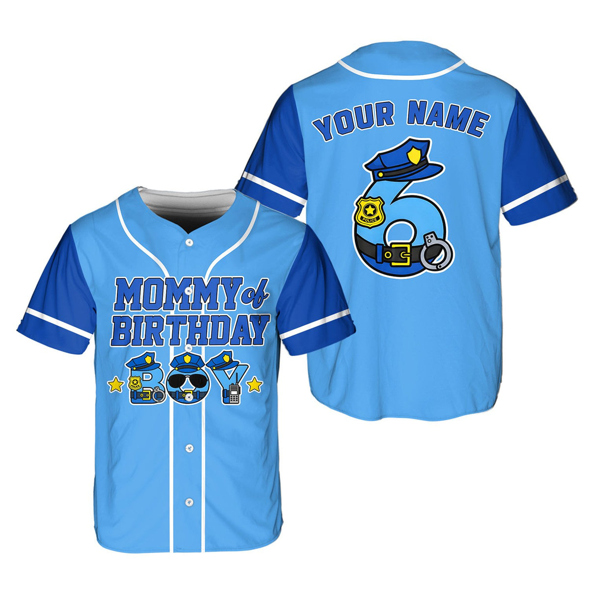 Main view of personalized birthday police baseball jersey in light blue and navy