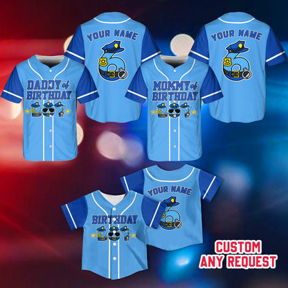 Front view of mommy of birthday boy police baseball jersey