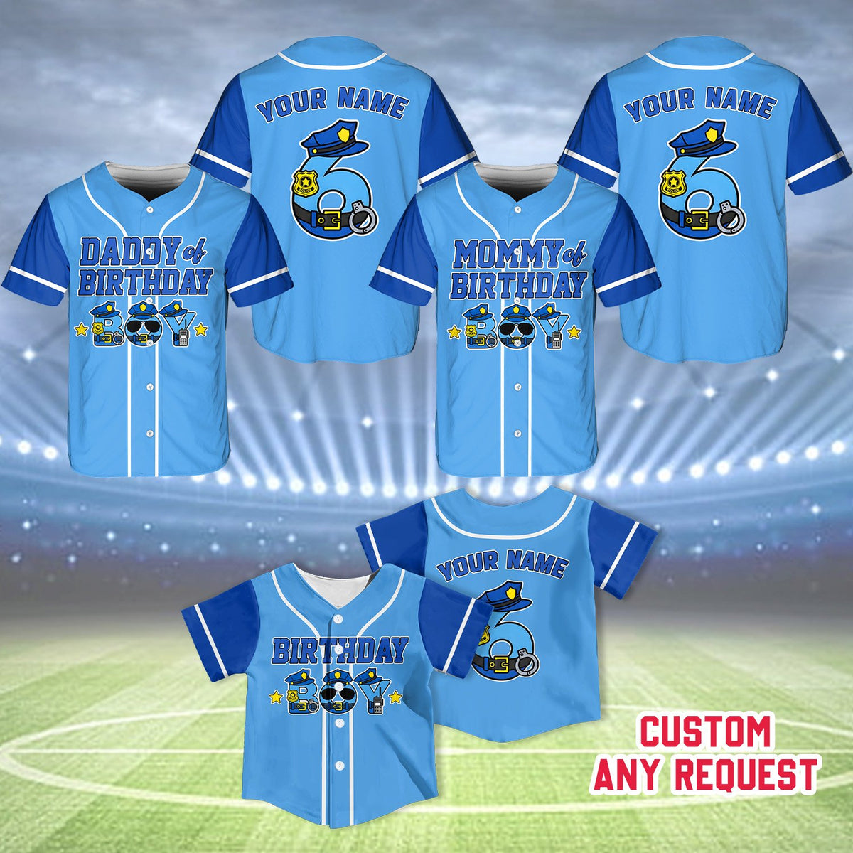 Front view of birthday boy police baseball jersey
