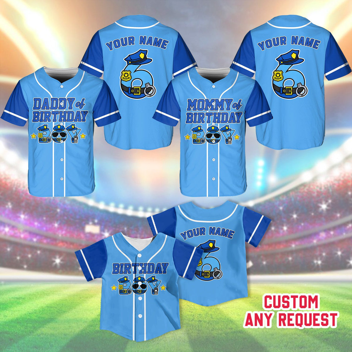 Front view showing badge and hat details on the birthday police baseball jersey