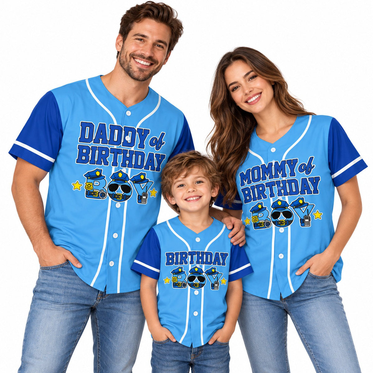 Lifestyle view of adults wearing the birthday police baseball jersey