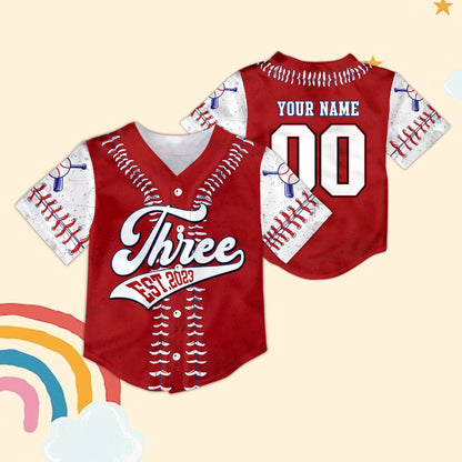 Red personalized birthday baseball jersey front view with prominent laces design