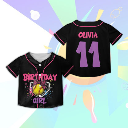 Black personalized baseball jersey with birthday softball design, front view