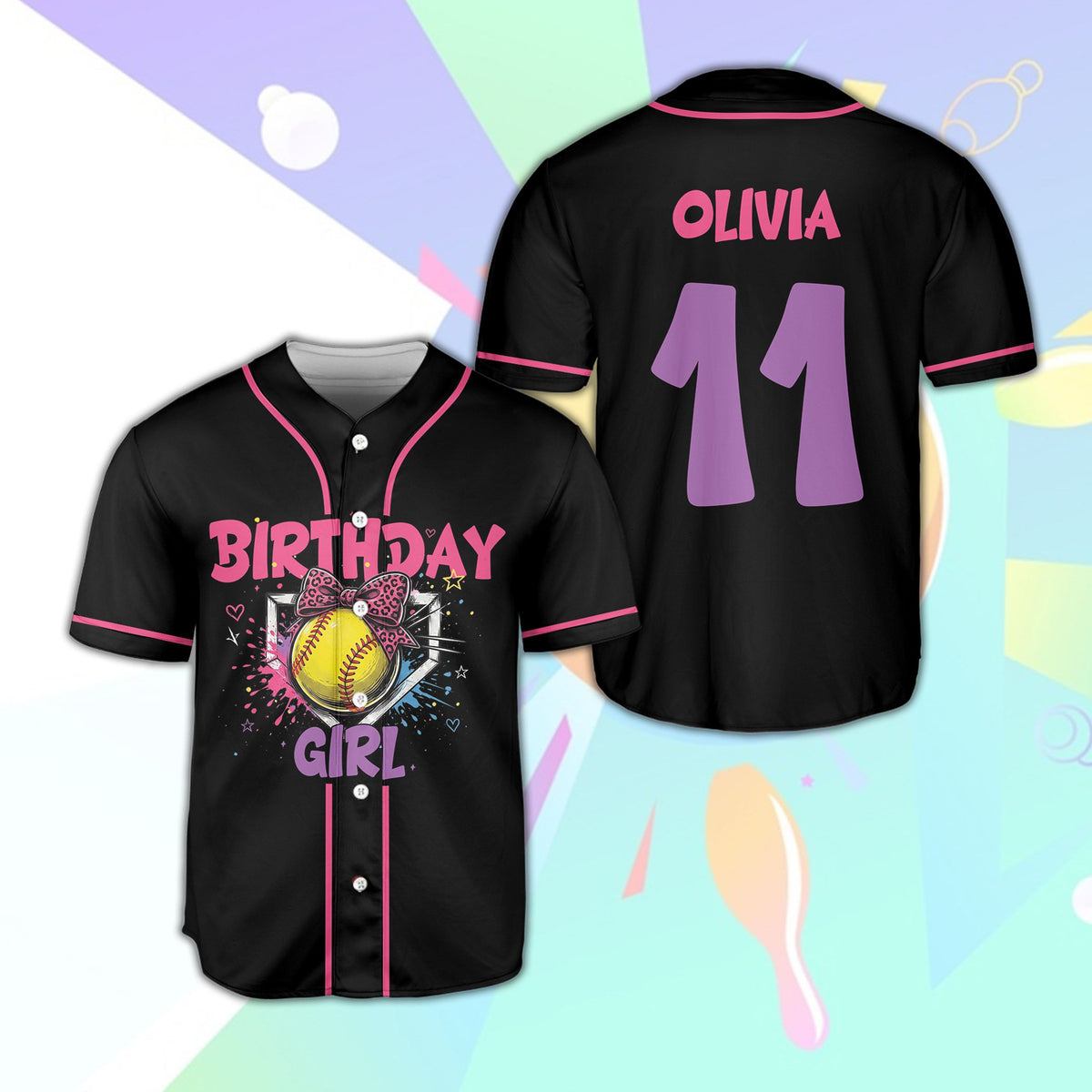 Black birthday softball baseball jersey, alternate front view