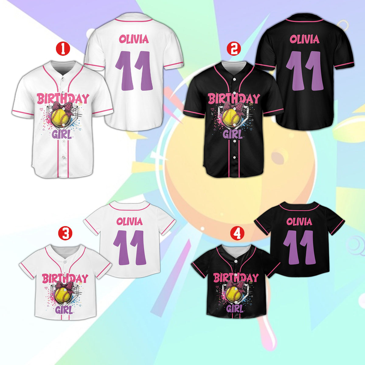 Multicolor layout view of the personalized birthday softball baseball jerseys