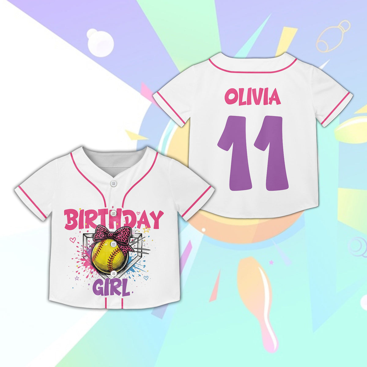 White birthday softball baseball jersey, alternate front view