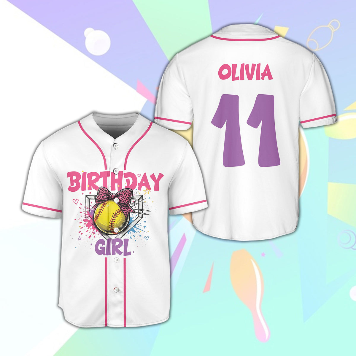 White birthday / softball baseball jersey with pink leopard bow and custom name, main view