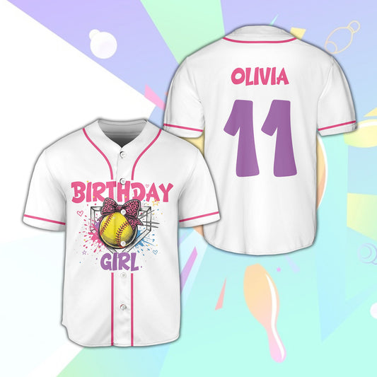 White birthday / softball baseball jersey with pink leopard bow and custom name, main view