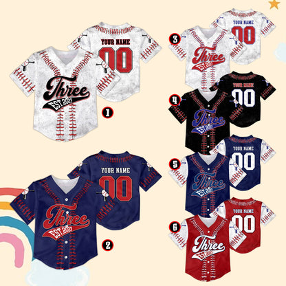 Additional view of the personalized birthday baseball jersey with scattered baseball and bat graphics