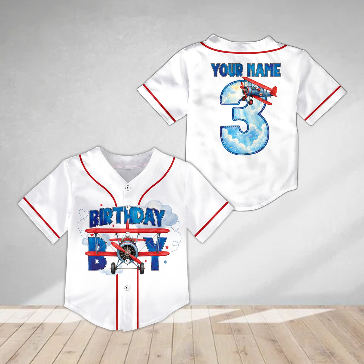 Main view of white birthday baseball jersey featuring a red vintage airplane