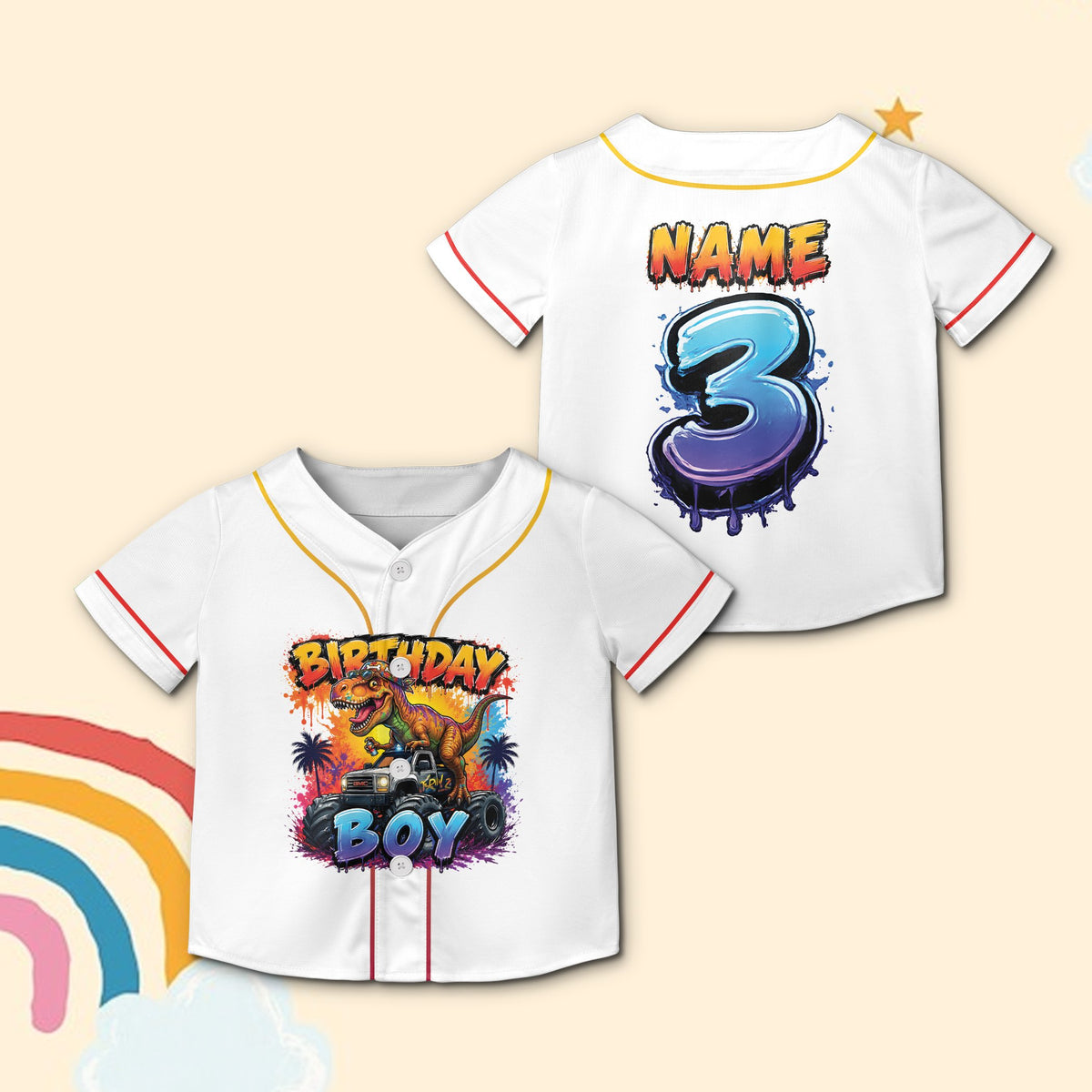 White birthday baseball jersey with T-Rex monster truck design, front view