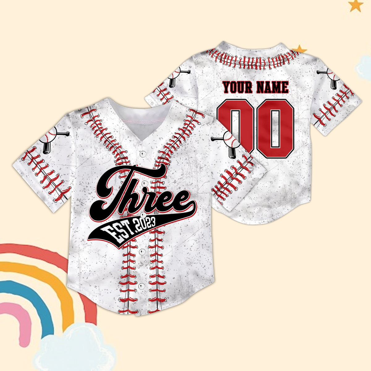 White personalized birthday baseball jersey featuring red laces design, custom name and number on the back