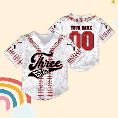 White personalized birthday baseball jersey featuring red laces design, custom name and number on the back