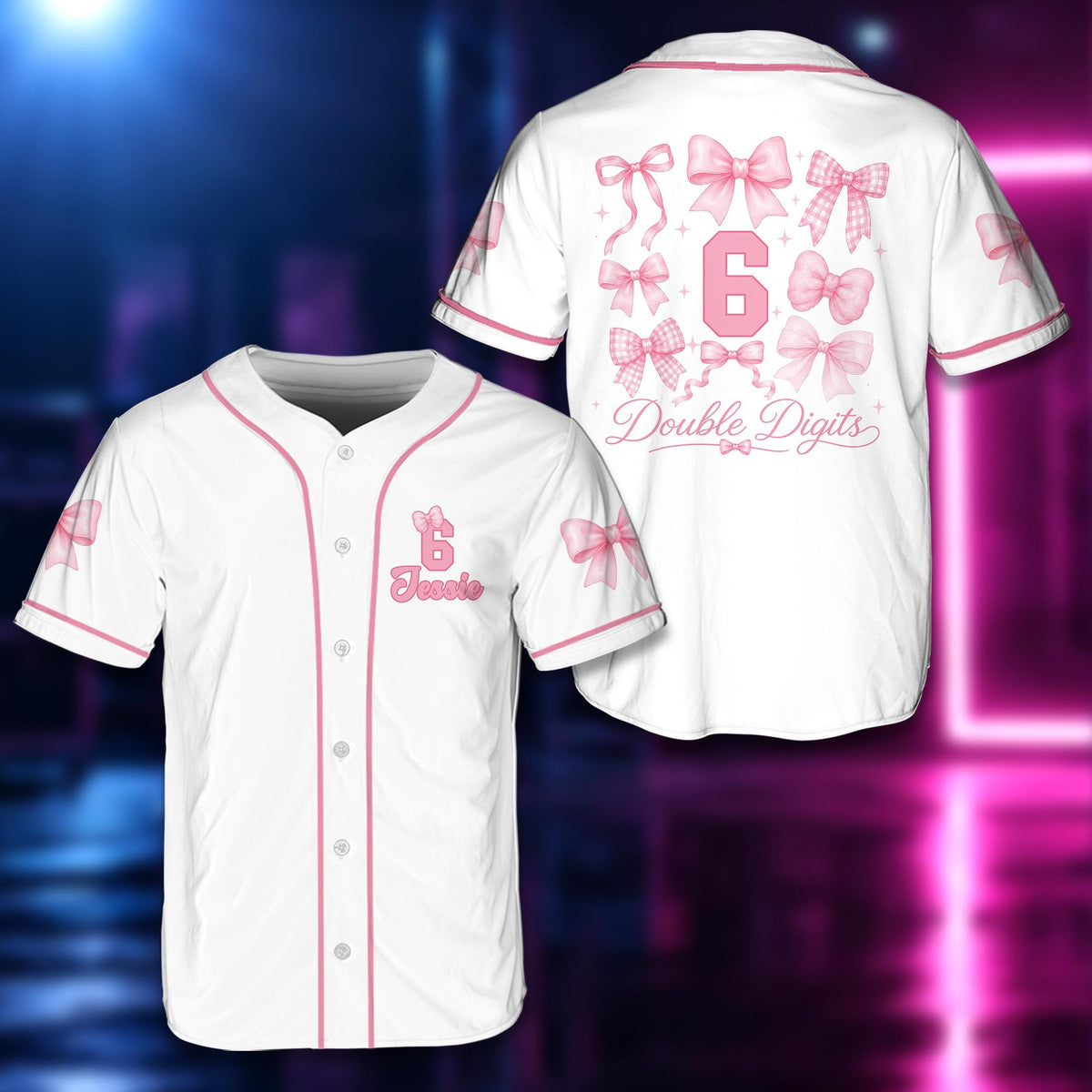 Personalized white birthday baseball jersey featuring pink bows and a custom name and number, front view.