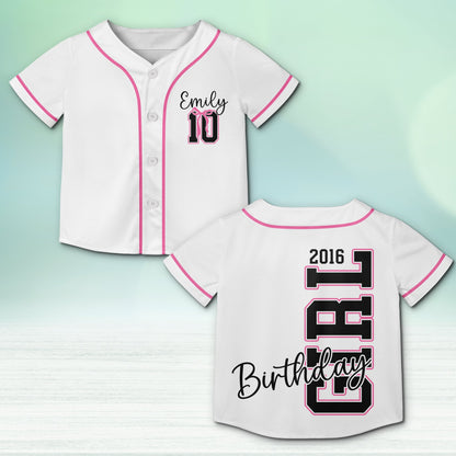 Birthday girl baseball jersey in white with custom name and number, front view