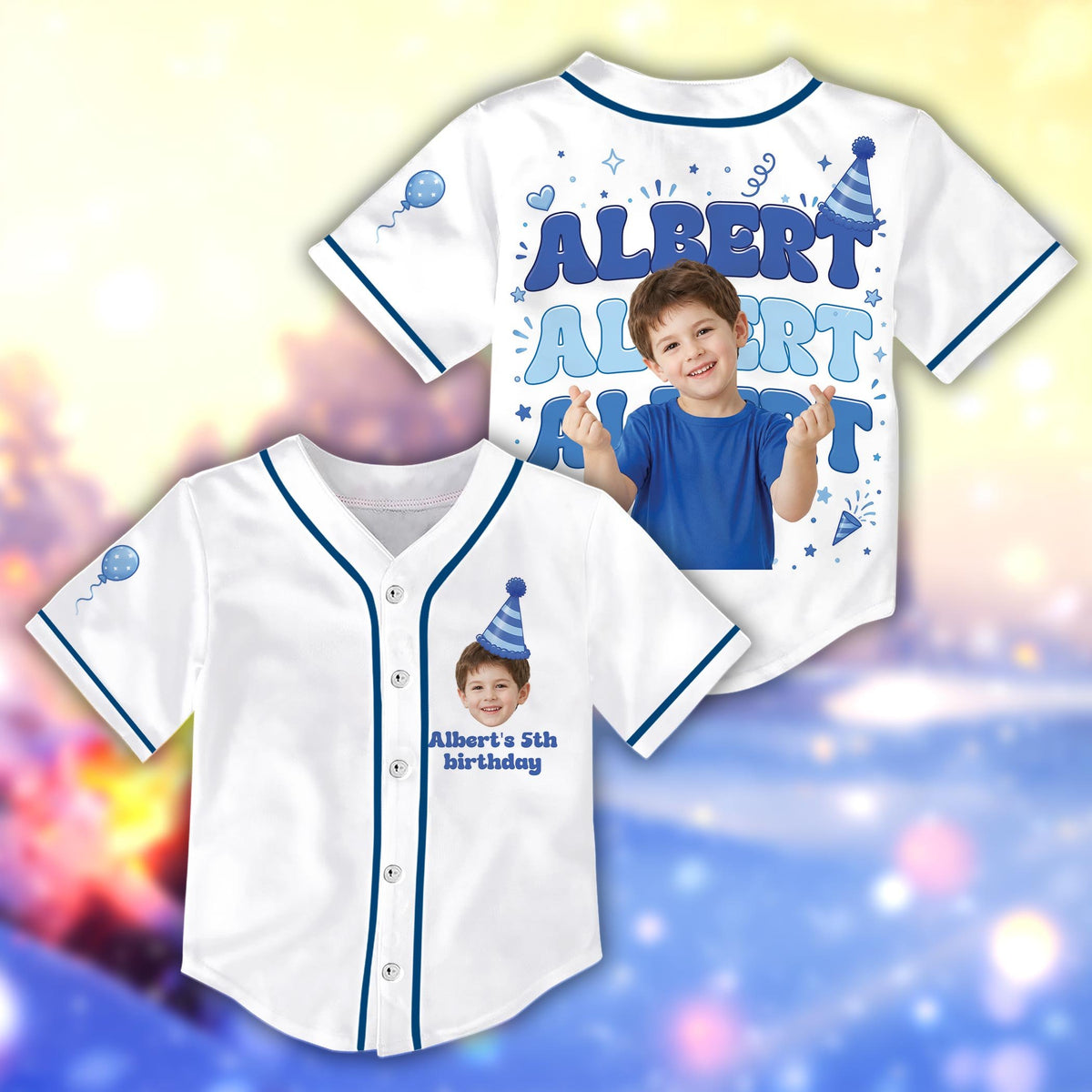 Personalized white baseball birthday jersey with custom child photo and name on front