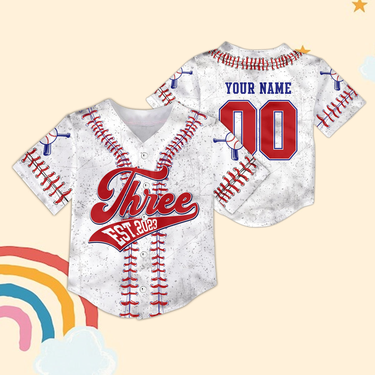 White personalized birthday baseball jersey showing front view with red laces detailing
