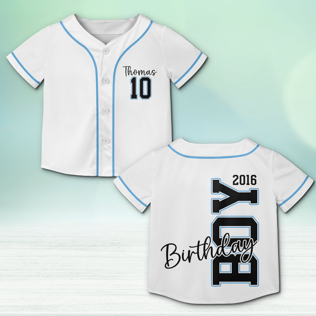 White personalized baseball birthday jersey front view