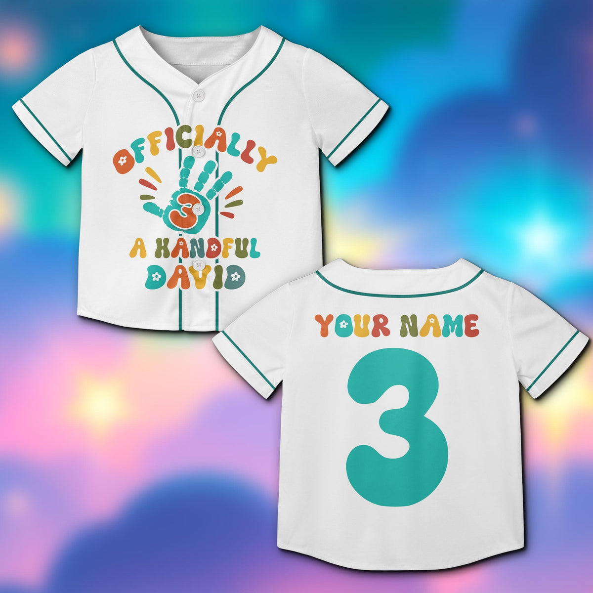 Personalized white birthday baseball jersey with custom name and number, alternate front view