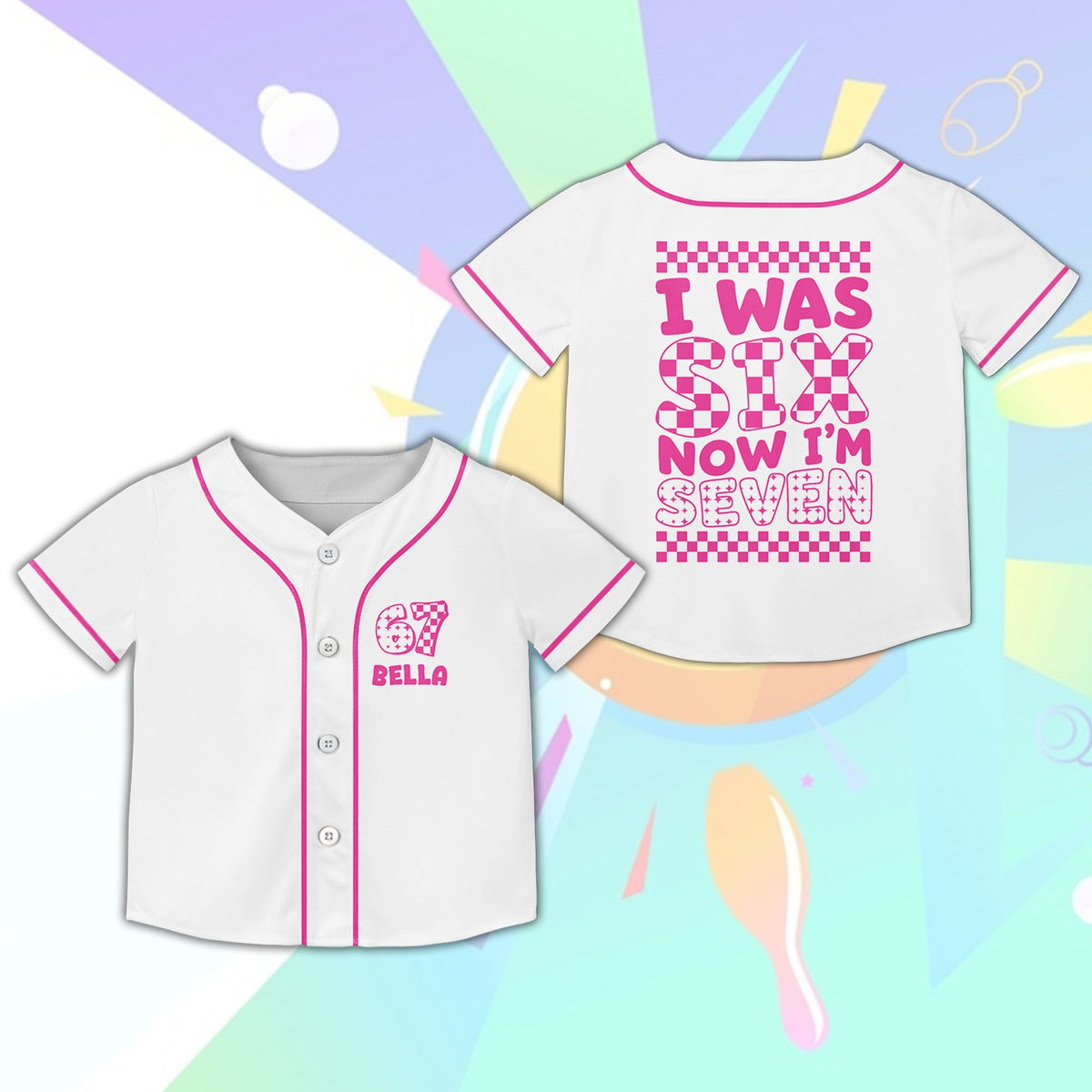Main view of the personalized birthday baseball jersey in white with custom name and number.