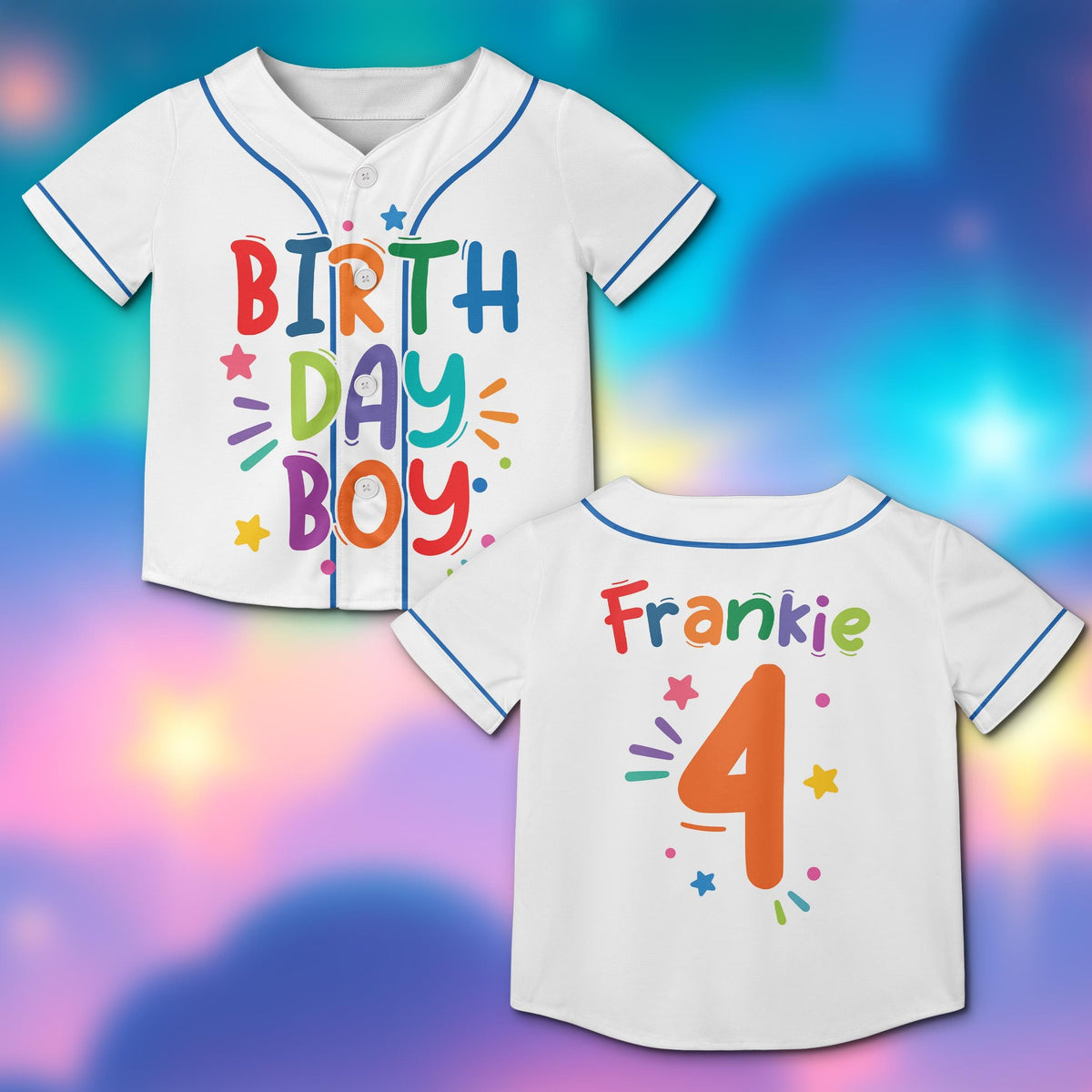 Personalized birthday baseball jersey in white with colorful graphics, main view