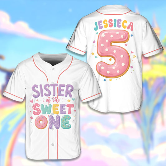 Main view of personalized birthday baseball jersey in white with sweet donut design