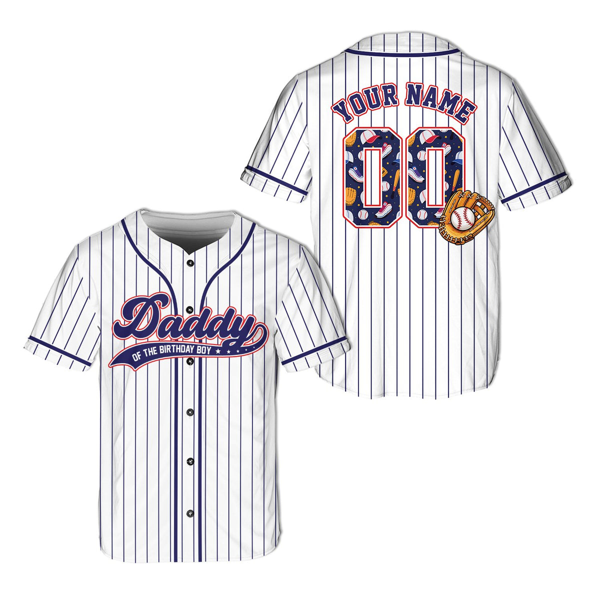 Front view of white family birthday baseball jersey